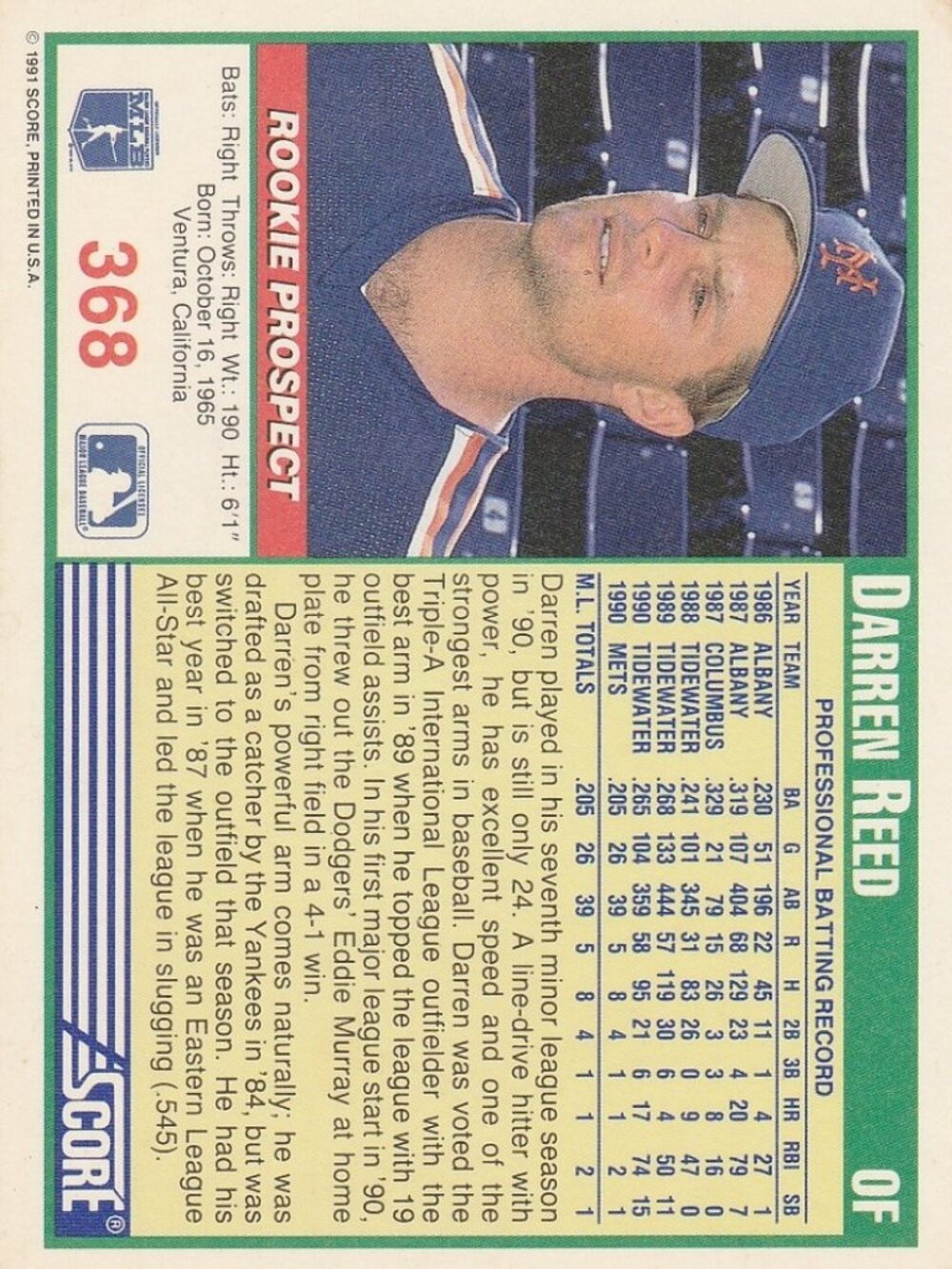 Darren Reed - Score 91 Rookie Prospect Baseball Card - Picture 2 of 2
